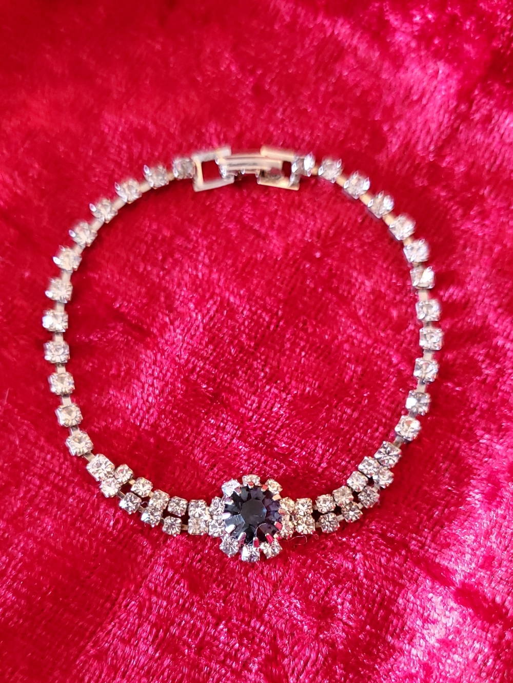 Vintage Silver Plated Tennis Bracelet White & Large Center Blue Cubic Zirconia